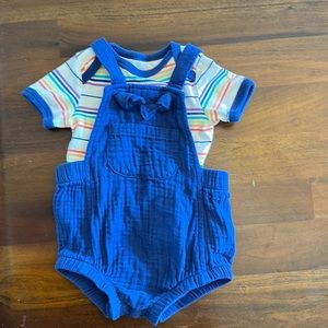 Cat & Jack rainbow striped onesie with blue shortalls